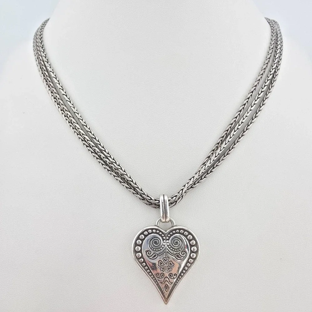 BRIGHTON 'Ophelia' Necklace Scrollwork Heart Pendent 3 Strand Silver Plate 17